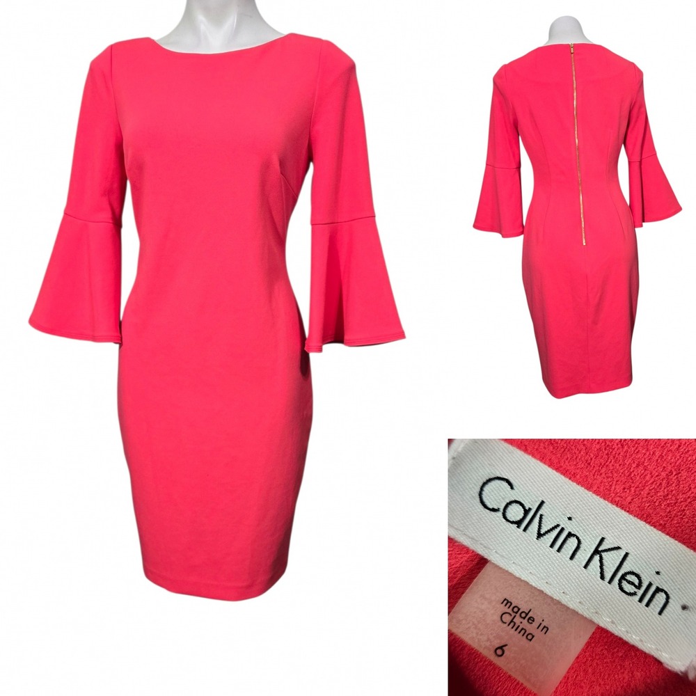 Calvin Klein Pink Bell Sleeve Sheath Dress Size 6 CD8W0486 Gold Zipper